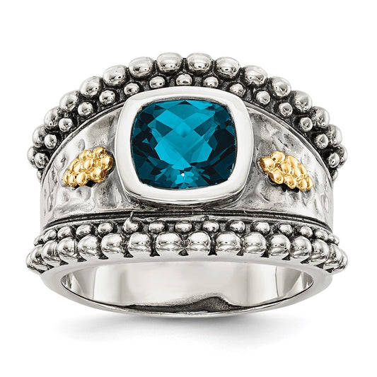 14K/Silver Two Tone Shey Couture Sterling Silver With 14K Accent Antiqued Checkerboard Cushion London Blue Topaz Ring