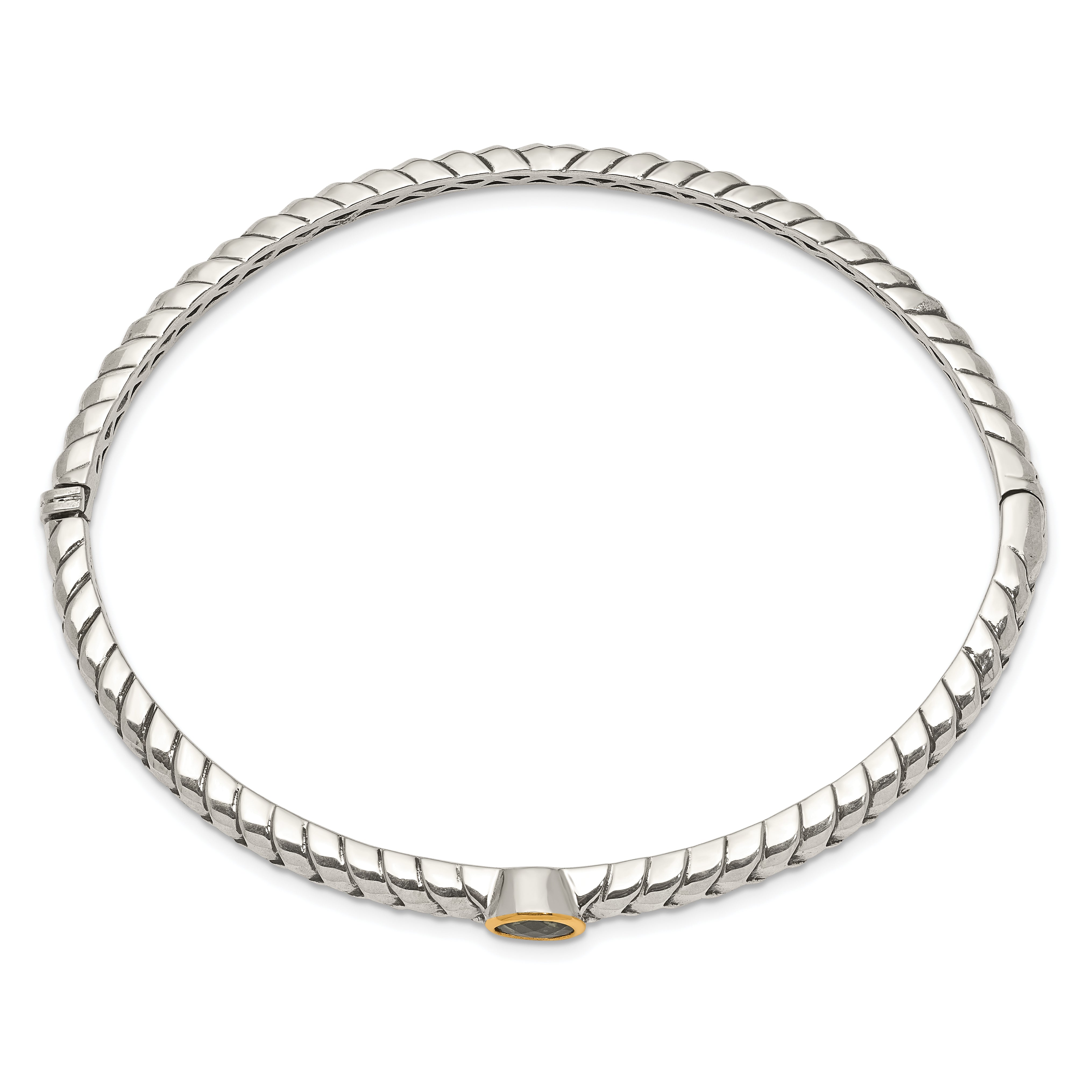 14K/Silver Two Tone Shey Couture Sterling Silver With 14K Accent Peridot Round Bezel Hinged Bangle Bracelet