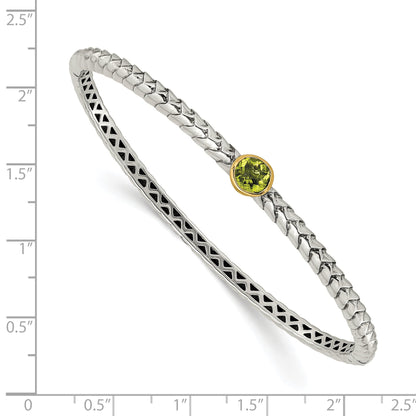 14K/Silver Two Tone Shey Couture Sterling Silver With 14K Accent Peridot Round Bezel Hinged Bangle Bracelet