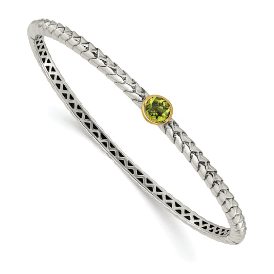 14K/Silver Two Tone Shey Couture Sterling Silver With 14K Accent Peridot Round Bezel Hinged Bangle Bracelet