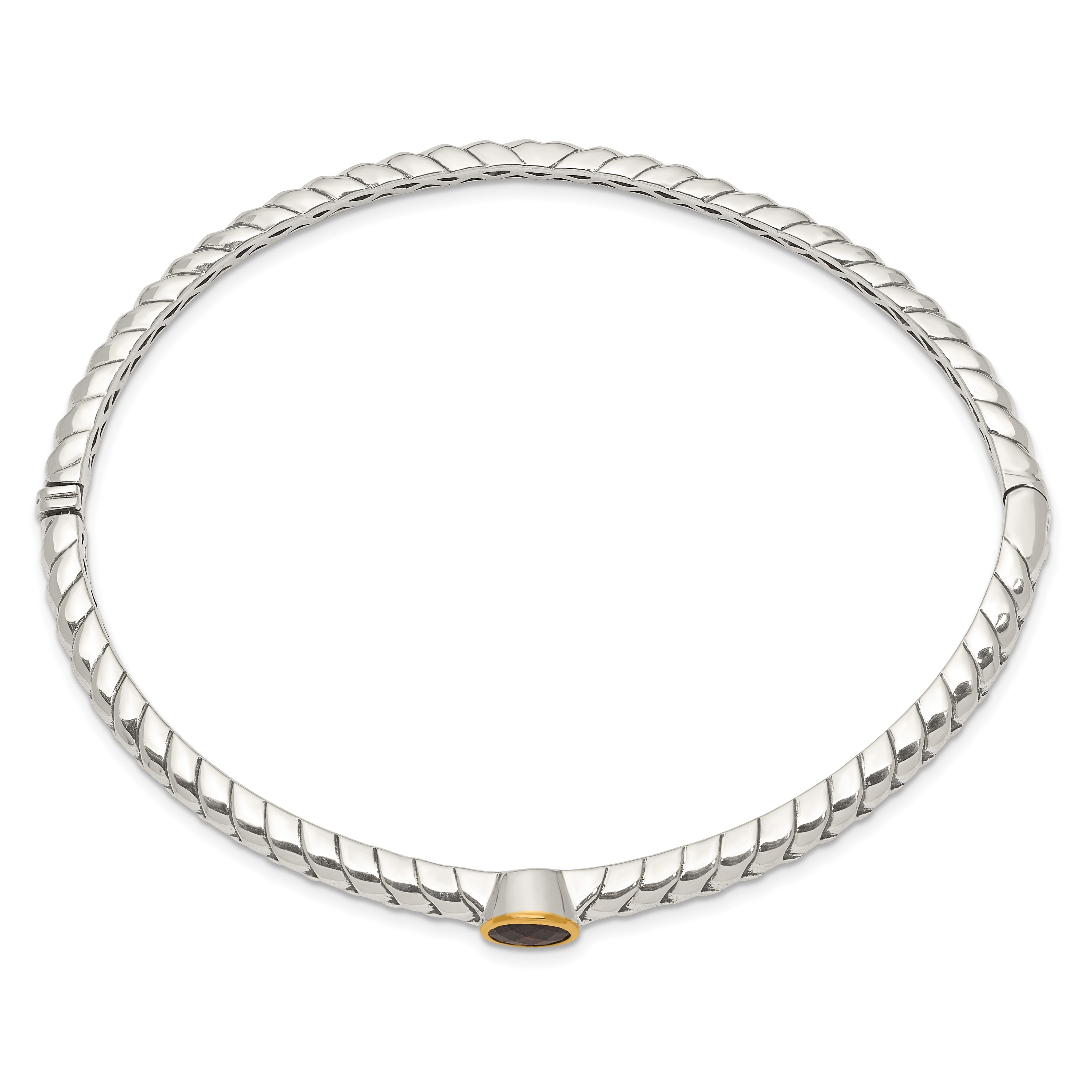 14K/Silver Two Tone Shey Couture Sterling Silver With 14K Accent Antiqued Round Bezel Garnet Bangle Bracelet