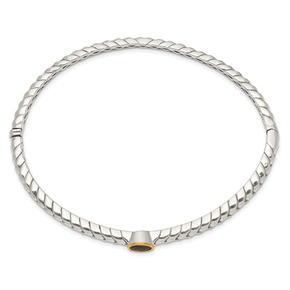 14K/Silver Two Tone Shey Couture Sterling Silver With 14K Accent Antiqued Round Bezel Garnet Bangle Bracelet