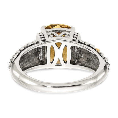 14K/Silver Two Tone Shey Couture Sterling Silver With 14K Accent Antiqued Diamond And Checkerboard Cushion Citrine Ring