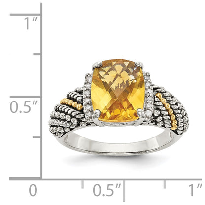 14K/Silver Two Tone Shey Couture Sterling Silver With 14K Accent Antiqued Diamond And Checkerboard Cushion Citrine Ring