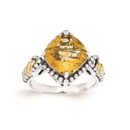 14K/Silver Two Tone Sterling Silver Citrine Cushion Ring