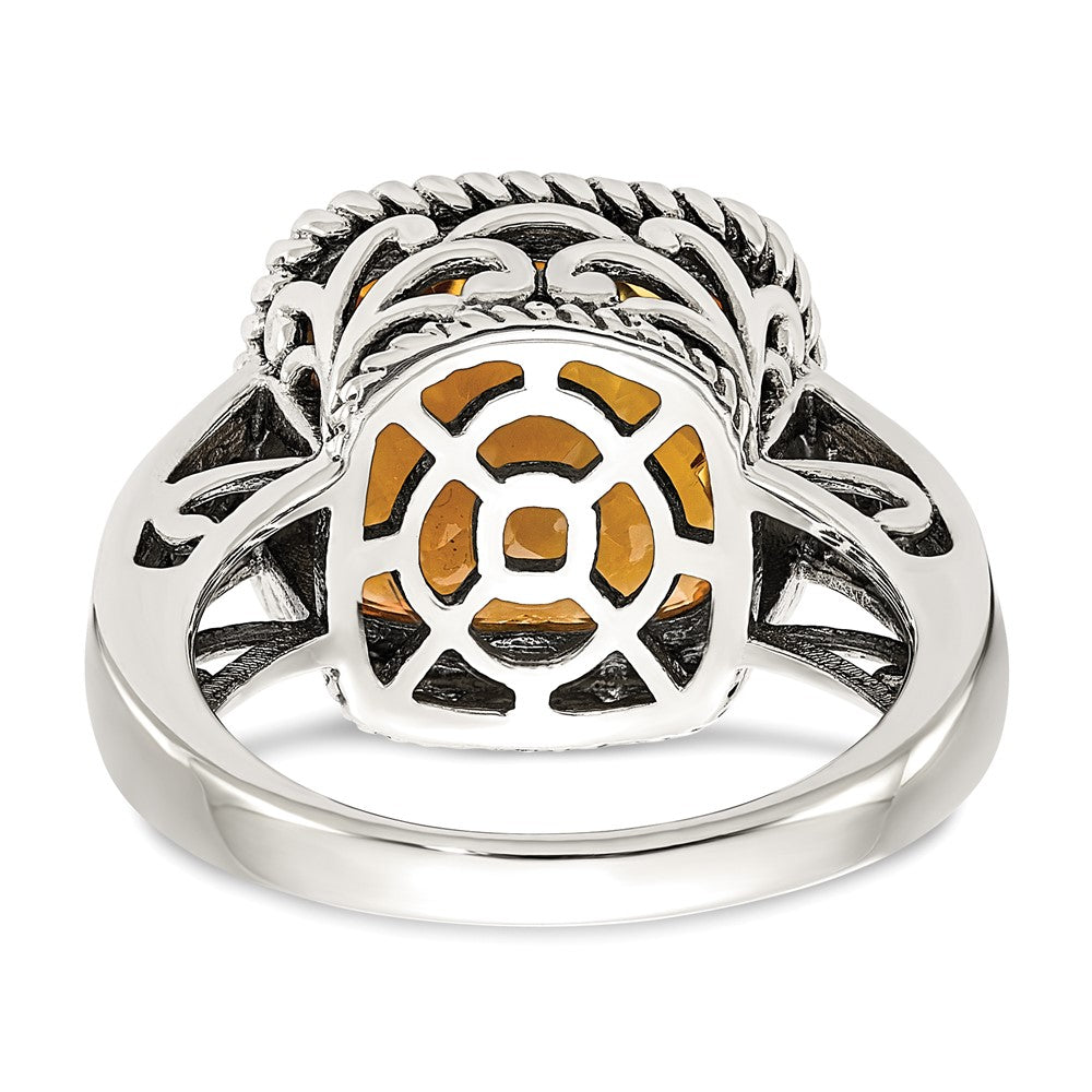14K/Silver Two Tone Shey Couture Sterling Silver With 14K Accent Antiqued Cushion Citrine Ring