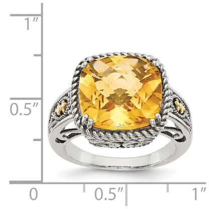 14K/Silver Two Tone Shey Couture Sterling Silver With 14K Accent Antiqued Cushion Citrine Ring