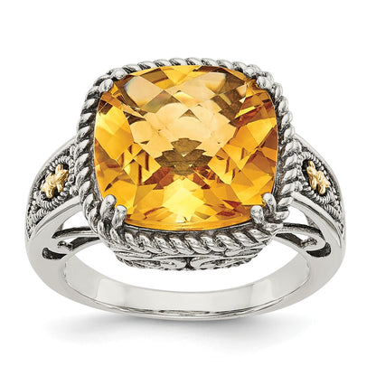 14K/Silver Two Tone Shey Couture Sterling Silver With 14K Accent Antiqued Cushion Citrine Ring