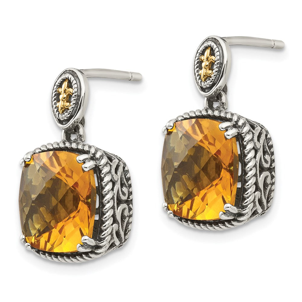 14K/Silver Two Tone Shey Couture Sterling Silver With 14K Accent Antiqued Cushion Citrine Dangle Post Earrings