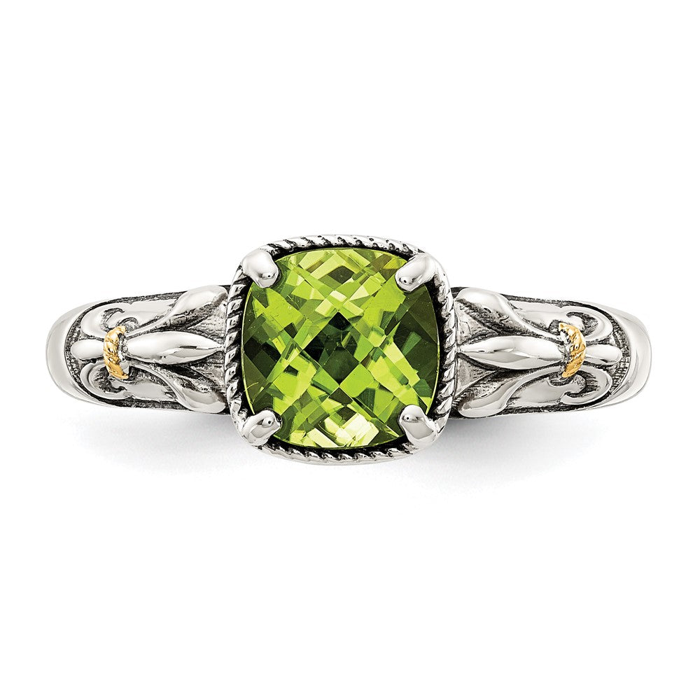 14K/Silver Two Tone Shey Couture Sterling Silver With 14K Accent Antiqued Cushion Peridot Ring