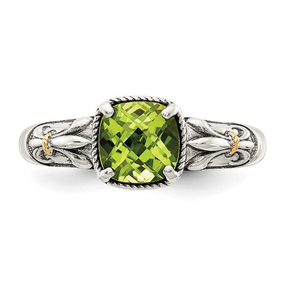 14K/Silver Two Tone Shey Couture Sterling Silver With 14K Accent Antiqued Cushion Peridot Ring