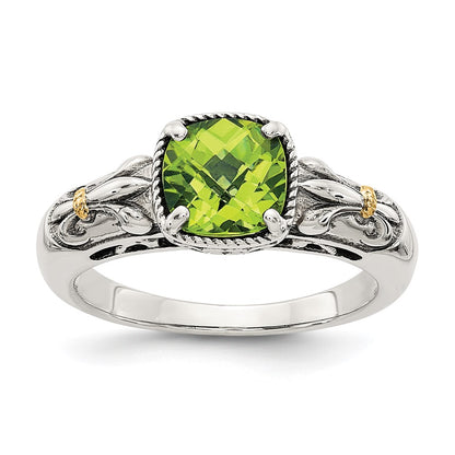 14K/Silver Two Tone Shey Couture Sterling Silver With 14K Accent Antiqued Cushion Peridot Ring