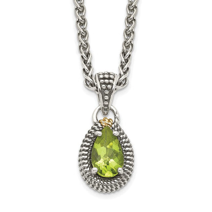 14K/Silver Two Tone Shey Couture Sterling Silver With 14K Accent 18 Inch Antiqued Pear Shaped Peridot Necklace