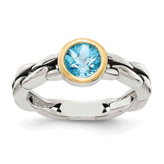 14K/Silver Two Tone Shey Couture Sterling Silver With 14K Accent Antiqued Round Bezel Sky Blue Topaz Ring