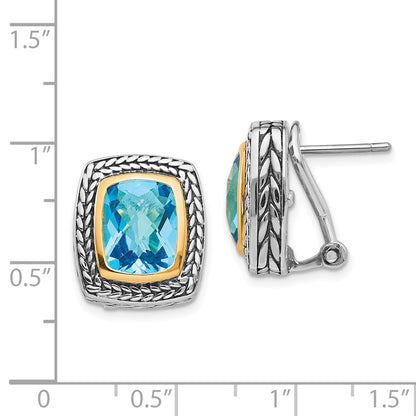 14K/Silver Two Tone Shey Couture Sterling Silver With 14K Accent Antiqued Cushion Bezel Swiss Blue Topaz Omega Back Earrings