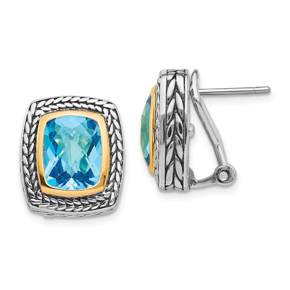 14K/Silver Two Tone Shey Couture Sterling Silver With 14K Accent Antiqued Cushion Bezel Swiss Blue Topaz Omega Back Earrings