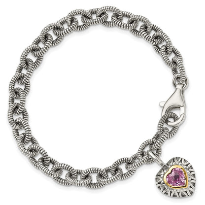 14K/Silver Two Tone Shey Couture Sterling Silver With 14K Accent 7.5 Inch Antiqued Heart Bezel Created Pink Sapphire Charm Bracelet