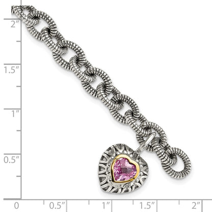 14K/Silver Two Tone Shey Couture Sterling Silver With 14K Accent 7.5 Inch Antiqued Heart Bezel Created Pink Sapphire Charm Bracelet