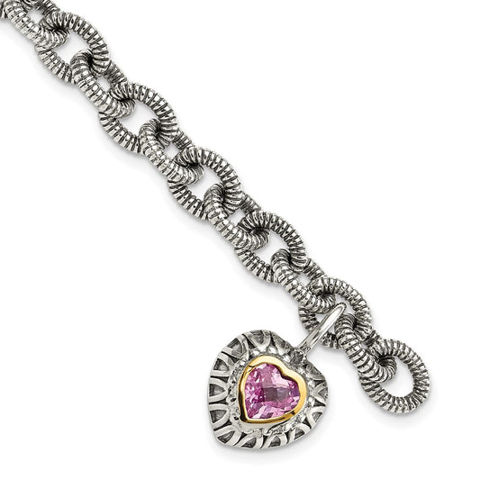 14K/Silver Two Tone Shey Couture Sterling Silver With 14K Accent 7.5 Inch Antiqued Heart Bezel Created Pink Sapphire Charm Bracelet