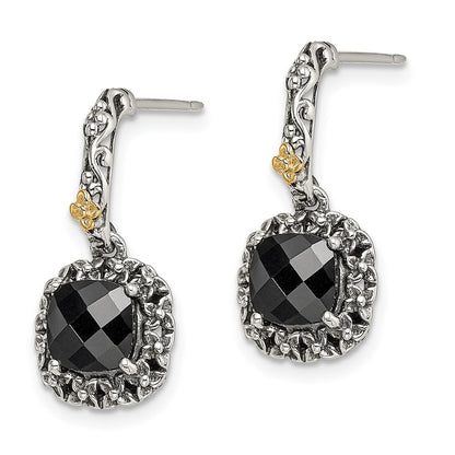 14K/Silver Two Tone Shey Couture Sterling Silver With 14K Accent Antiqued Checkerboard Cut Black Onyx Post Dangle Earrings