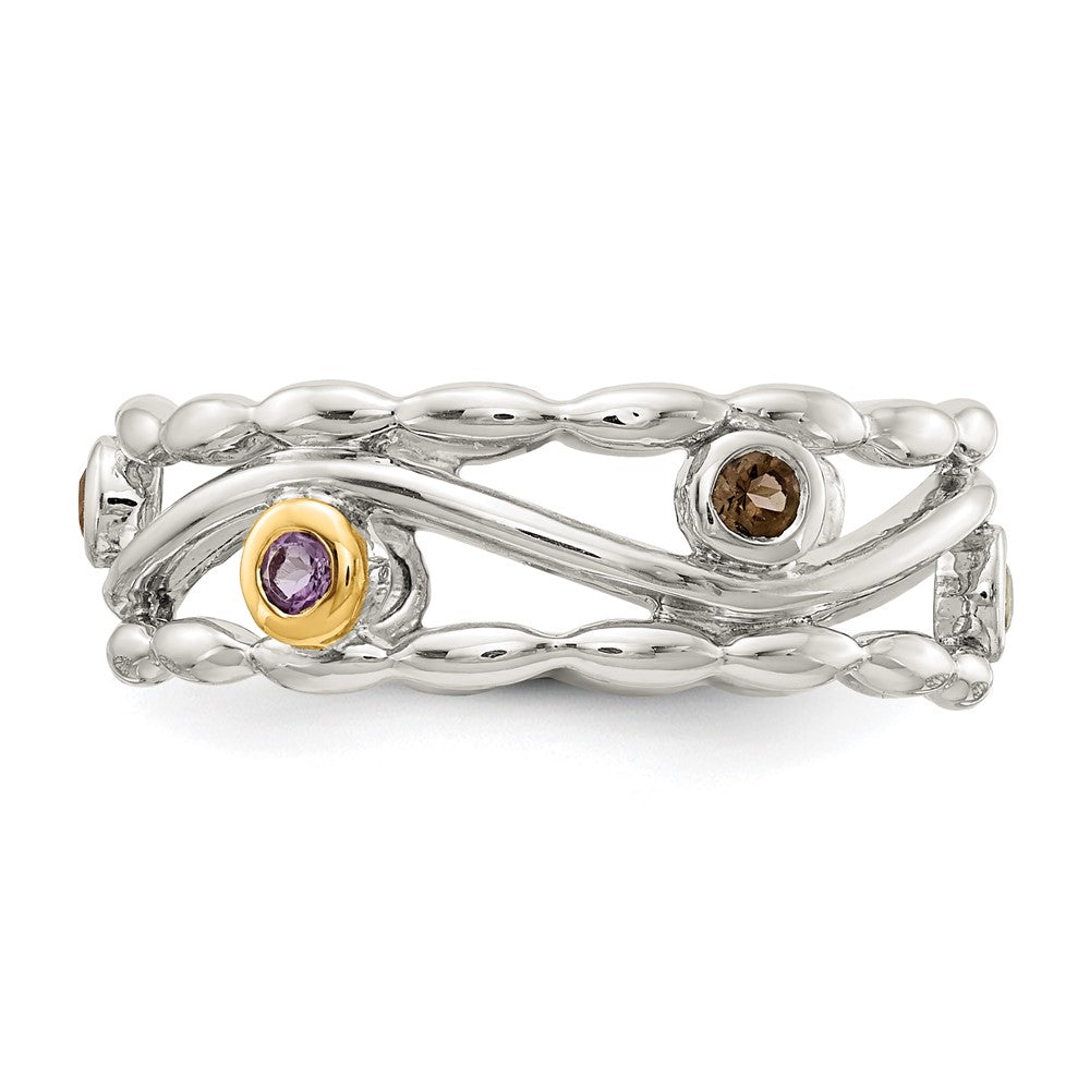 14K/Silver Two Tone Shey Couture Sterling Silver Rhodium Plated With 14K Accent Round Bezel Amethyst Blue Topaz/Citrine/Garnet/Peridot And Smoky Quartz Ring