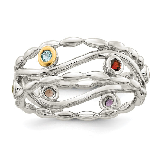 14K/Silver Two Tone Shey Couture Sterling Silver Rhodium Plated With 14K Accent Round Bezel Amethyst Blue Topaz/Citrine/Garnet/Peridot And Smoky Quartz Ring