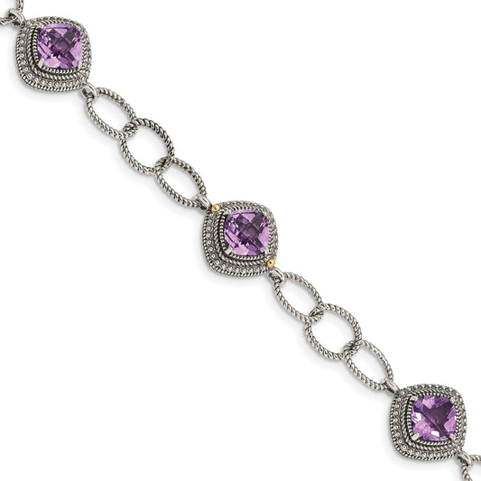 14K/Silver Two Tone Shey Couture Sterling Silver With 14K Accent 7.5 Inch Cushion Amethyst Bracelet