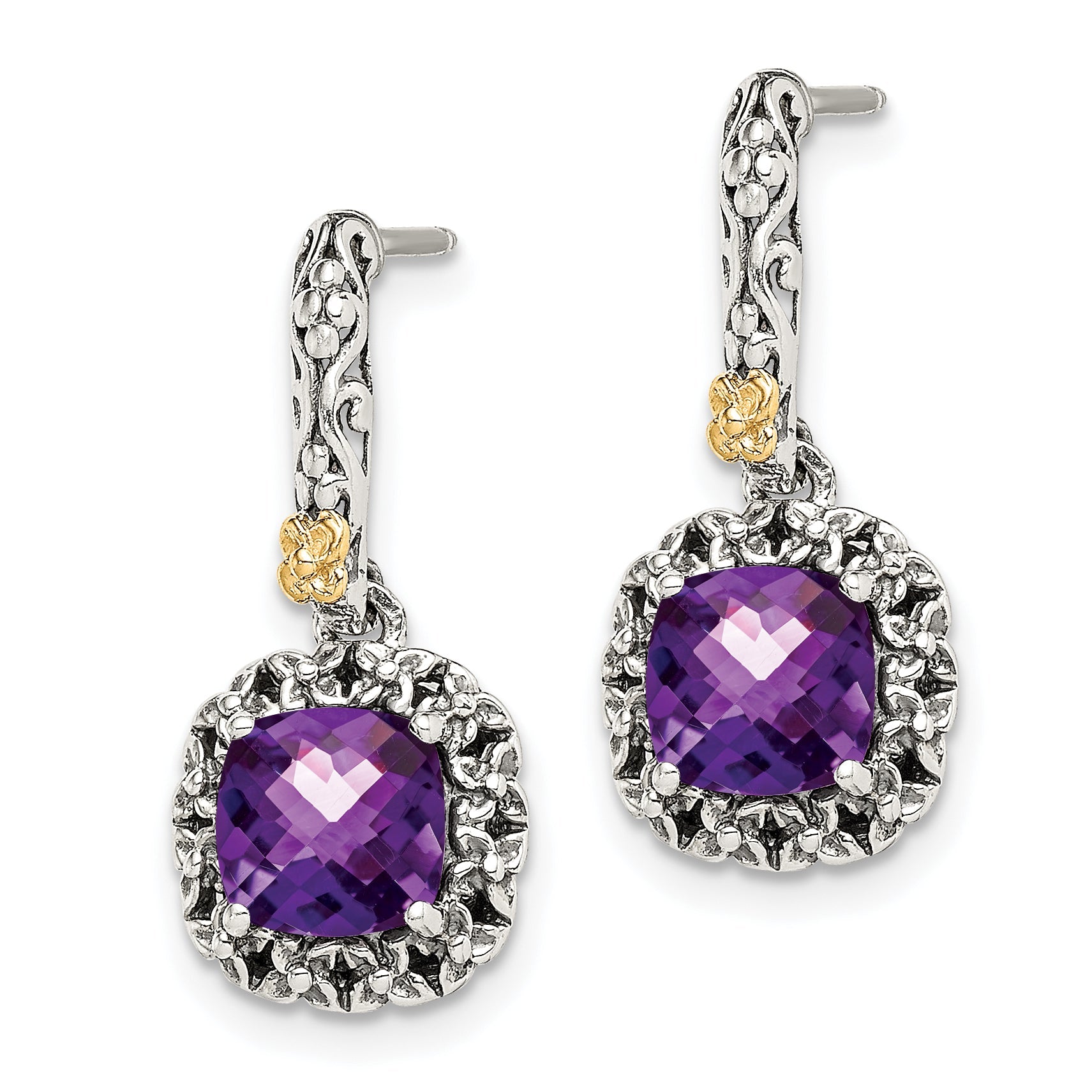 14K/Silver Two Tone Shey Couture Sterling Silver With 14K Accent Antiqued Cushion Amethyst Post Dangle Earrings