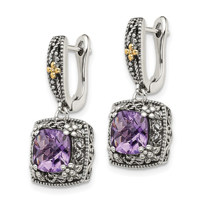 14K/Silver Two Tone Shey Couture Sterling Silver With 14K Accent Antiqued Cushion Amethyst Hinged Hoop Dangle Earrings