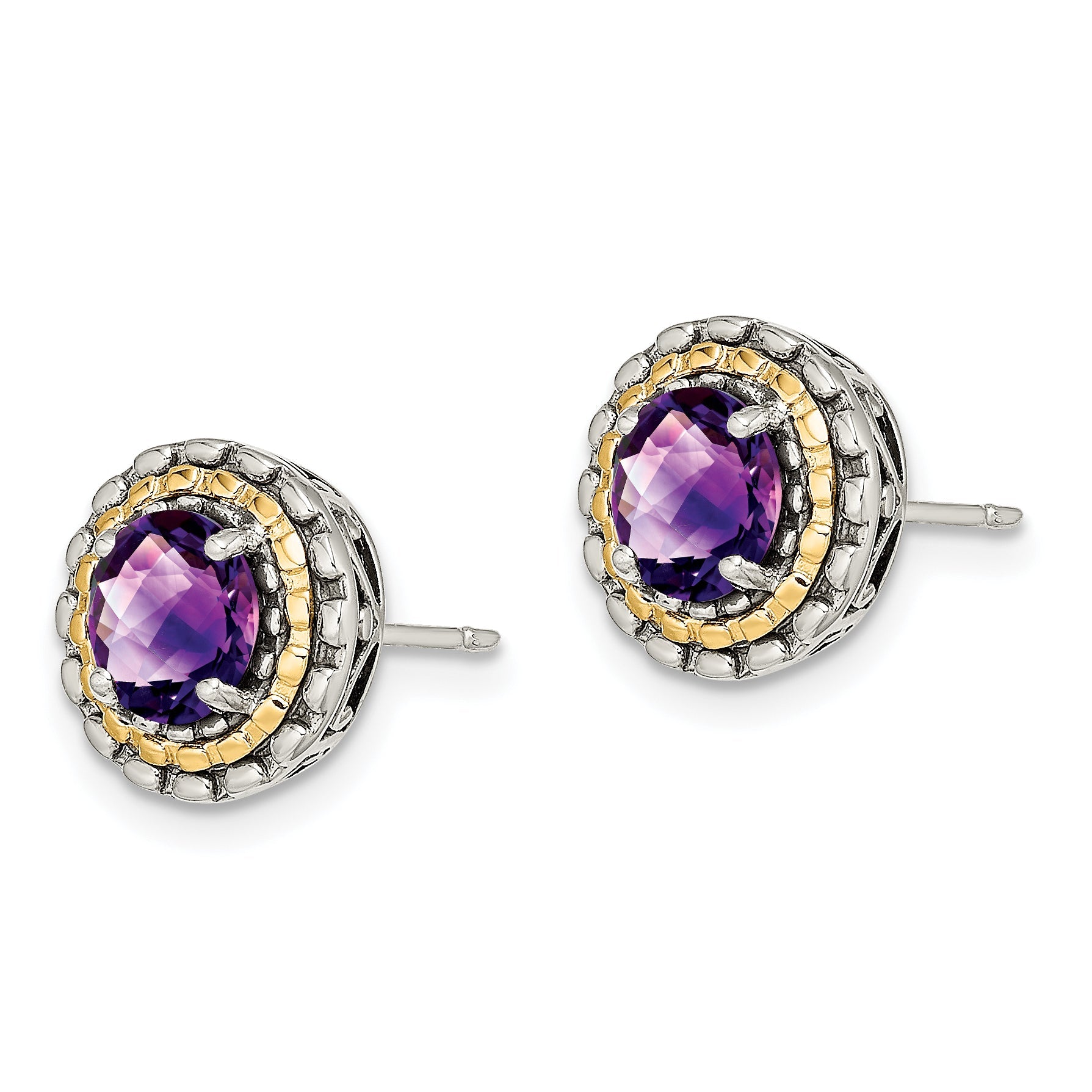 14K/Silver Two Tone Shey Couture Sterling Silver With 14K Accent Antiqued Round Amethyst Post Earrings