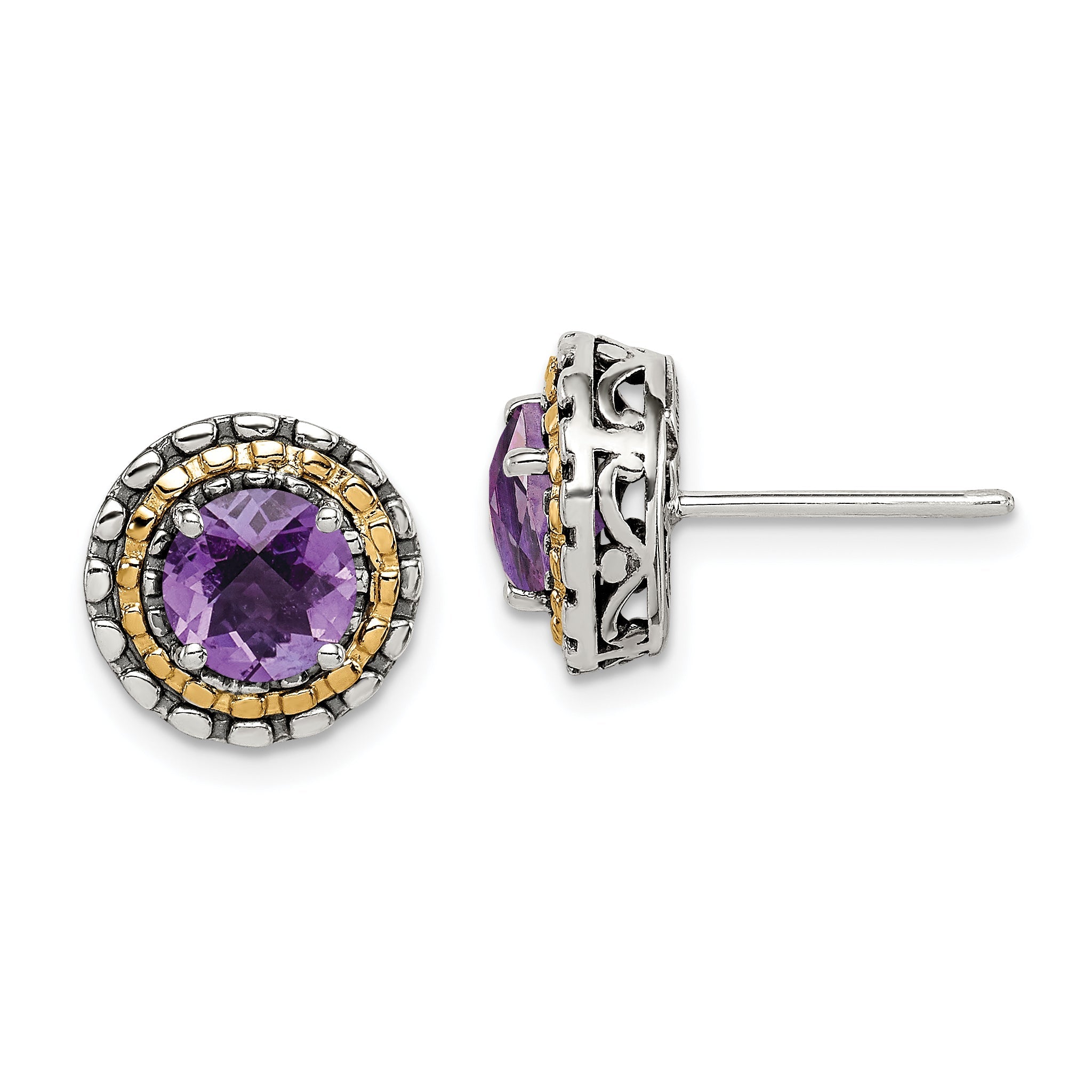 14K/Silver Two Tone Shey Couture Sterling Silver With 14K Accent Antiqued Round Amethyst Post Earrings