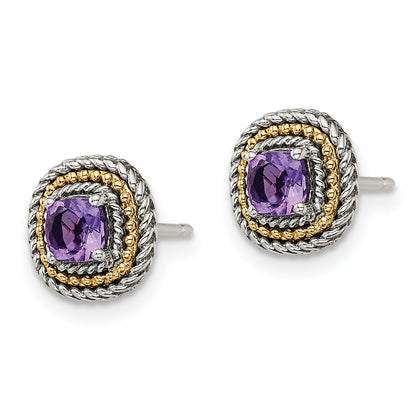 14K/Silver Two Tone Shey Couture Sterling Silver With 14K Accent Antiqued Cushion Amethyst Post Earrings