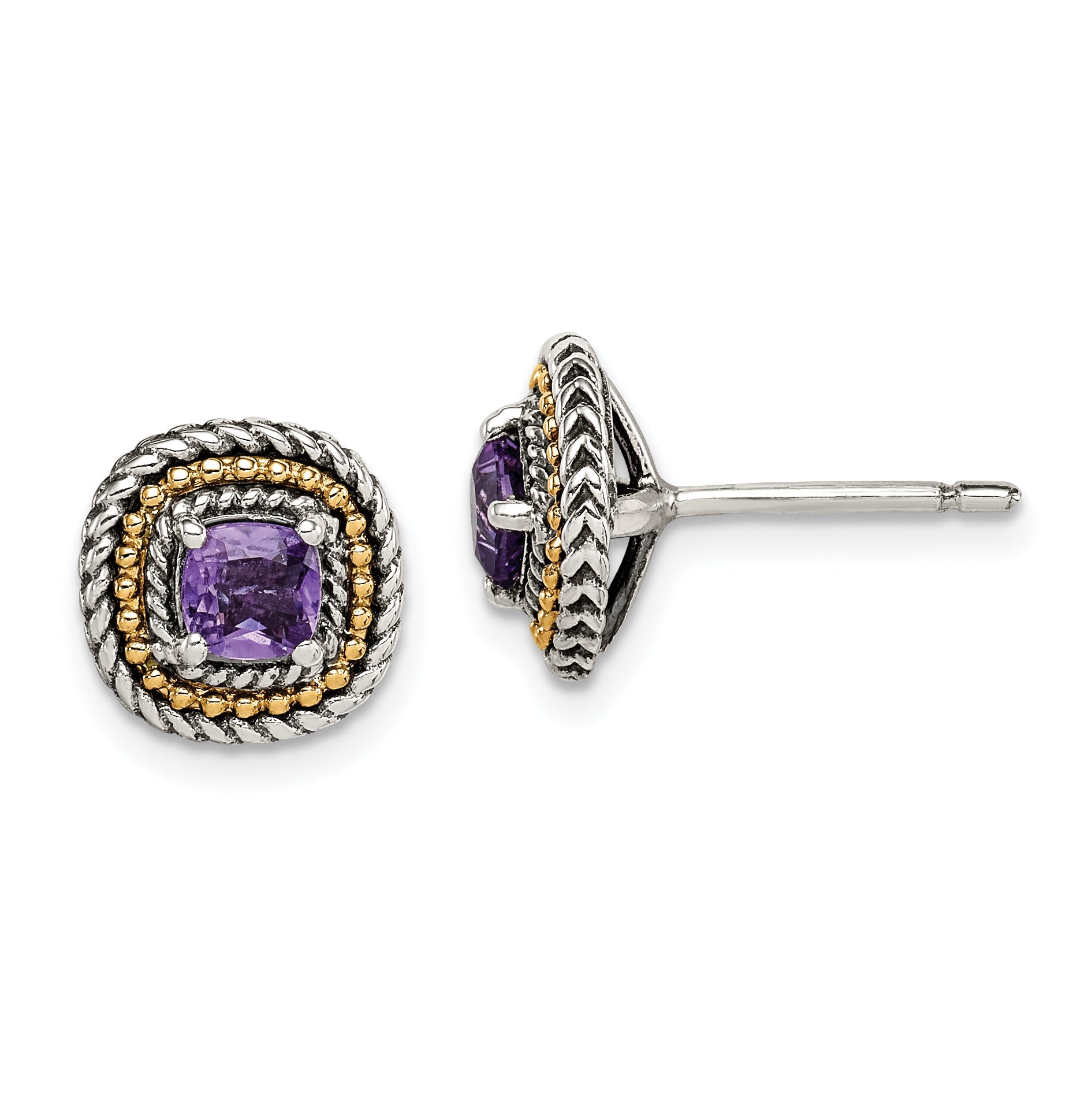 14K/Silver Two Tone Shey Couture Sterling Silver With 14K Accent Antiqued Cushion Amethyst Post Earrings