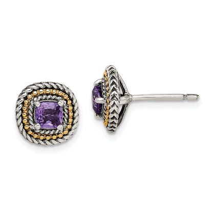 14K/Silver Two Tone Shey Couture Sterling Silver With 14K Accent Antiqued Cushion Amethyst Post Earrings