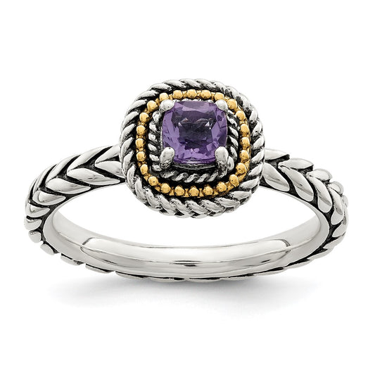 14K/Silver Two Tone Shey Couture Sterling Silver With 14K Accent Antiqued Cushion Amethyst Ring