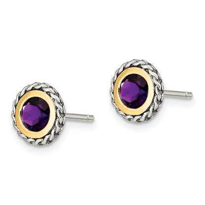 14K/Silver Two Tone Shey Couture Sterling Silver With 14K Accent Antiqued Round Bezel Amethyst Post Earrings