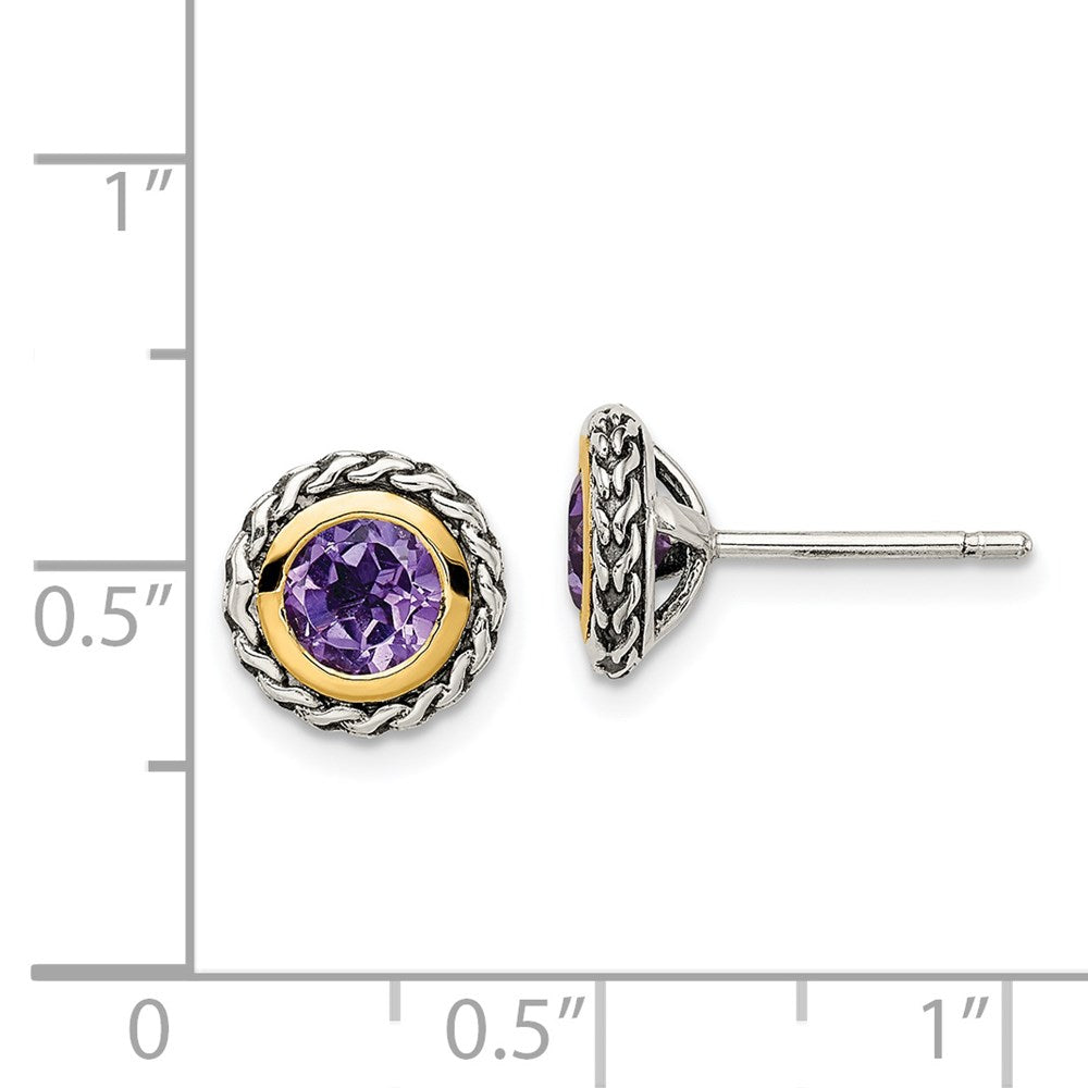 14K/Silver Two Tone Shey Couture Sterling Silver With 14K Accent Antiqued Round Bezel Amethyst Post Earrings
