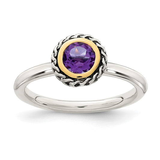 14K/Silver Two Tone Shey Couture Sterling Silver With 14K Accent Antiqued Round Bezel Amethyst Ring