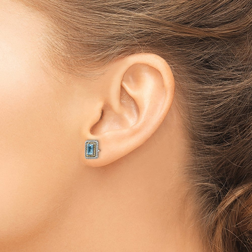 14K/Silver Two Tone Shey Couture Sterling Silver With 14K Accent Antiqued Emerald Cut Blue Topaz Post Earrings
