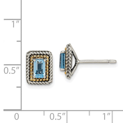 14K/Silver Two Tone Shey Couture Sterling Silver With 14K Accent Antiqued Emerald Cut Blue Topaz Post Earrings