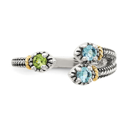14K/Silver Two Tone Shey Couture Sterling Silver With 14K Accent Antiqued .22Round Light Swiss Blue Topaz And .12Round Peridot Ring