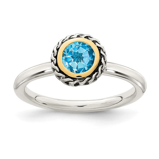 14K/Silver Two Tone Shey Couture Sterling Silver With 14K Accent Antiqued Round Blue Topaz Ring