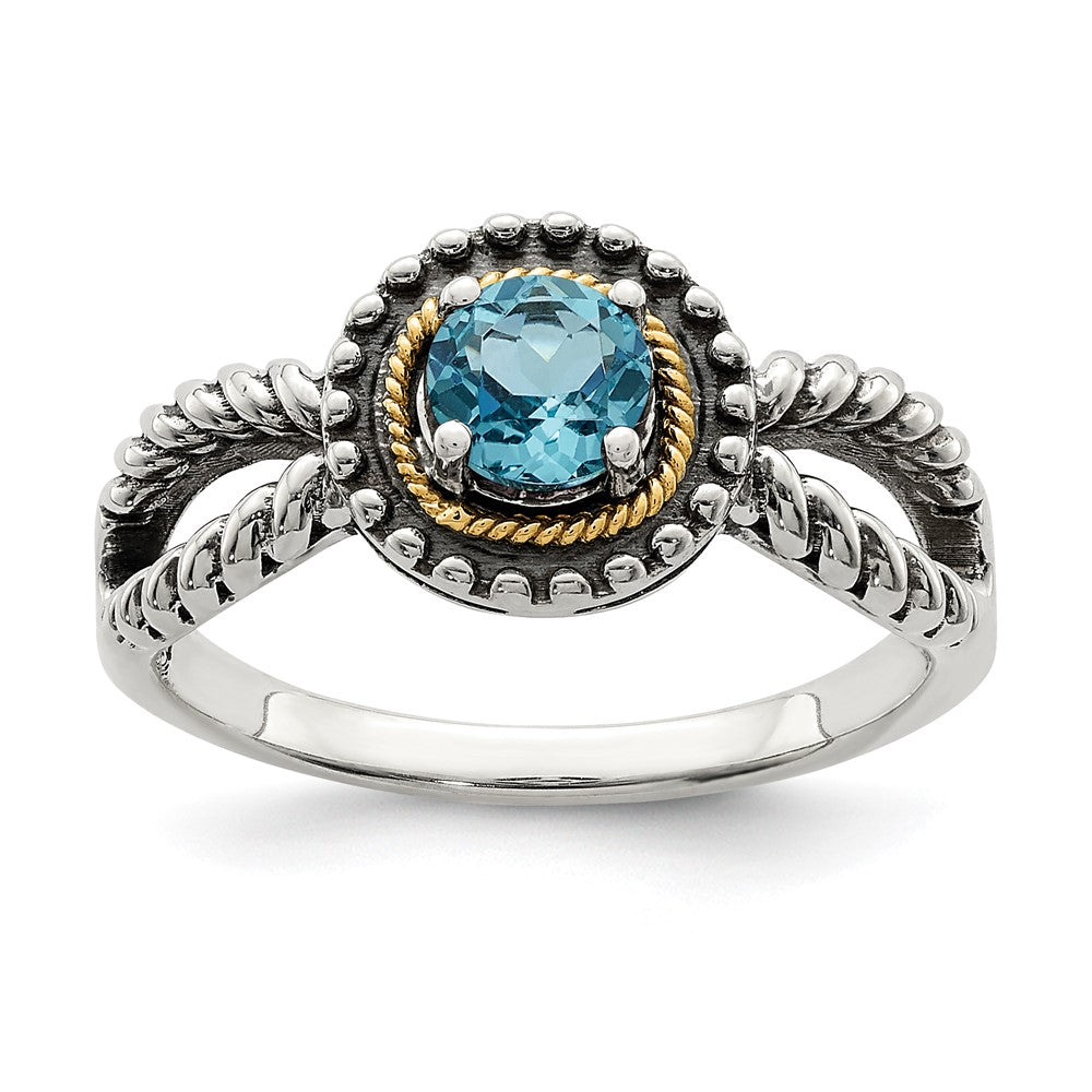 14K/Silver Two Tone Shey Couture Sterling Silver With 14K Accent Antiqued Round Light Swiss Blue Topaz Ring