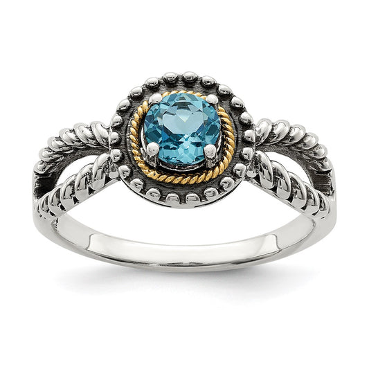14K/Silver Two Tone Shey Couture Sterling Silver With 14K Accent Antiqued Round Light Swiss Blue Topaz Ring