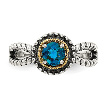 14K/Silver Two Tone Shey Couture Sterling Silver With 14K Accent Antiqued Round London Blue Topaz Ring