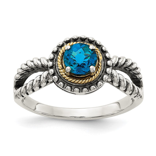 14K/Silver Two Tone Shey Couture Sterling Silver With 14K Accent Antiqued Round London Blue Topaz Ring