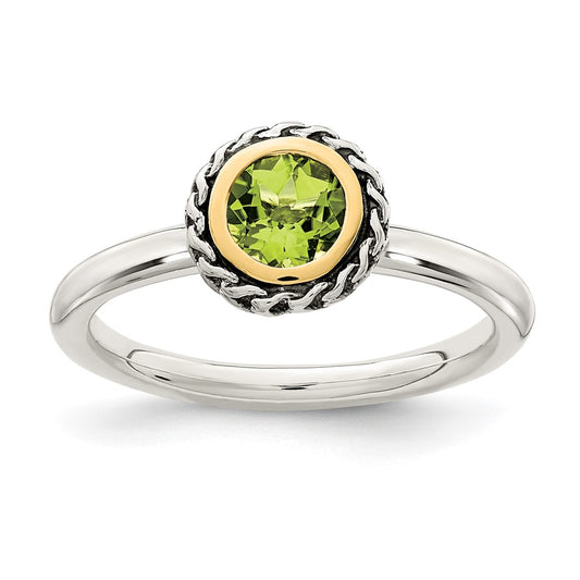 14K/Silver Two Tone Shey Couture Sterling Silver With 14K Accent Antiqued Round Bezel Peridot Ring