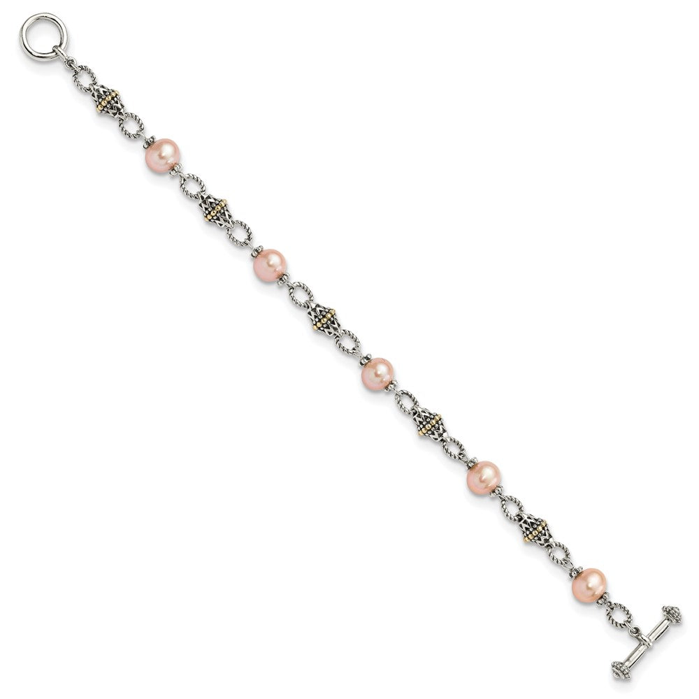 14K/Silver Two Tone Shey Couture Sterling Silver With 14K Accent 7.5 Inch Antiqued 9 10mm Freshwater Cultured Pink Pearl Bracelet