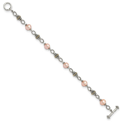 14K/Silver Two Tone Shey Couture Sterling Silver With 14K Accent 7.5 Inch Antiqued 9 10mm Freshwater Cultured Pink Pearl Bracelet