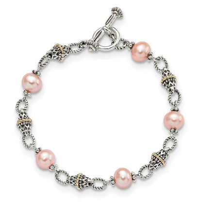 14K/Silver Two Tone Shey Couture Sterling Silver With 14K Accent 7.5 Inch Antiqued 9 10mm Freshwater Cultured Pink Pearl Bracelet